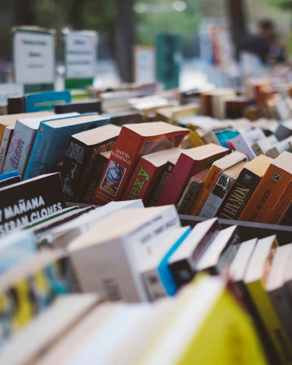 Rows of well-loved books resting on a stall